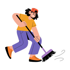 Canvas Print - A flat style illustration showing a person doing floor sweeping 
