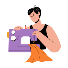 Canvas Print - A flat style illustration showing a person stitching clothes 