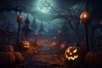 Halloween pumpkin patch with glowing lanterns in autumn Halloween