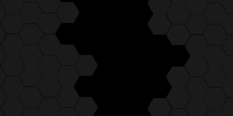 Wall Mural - Abstract dark black hexagonal technology line paper background. Hexagonal grid tile mosaic structure mess cell design. black and gray hexagon honeycomb football geometric copy space business text	
