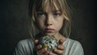 © Silard - Realistic editorial style photo of child holding small globe covered in trash with concerned expression