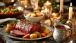 © Moiseieva  - Christmas table with roast beef, roasted vegetables, gravy boat, festive candles