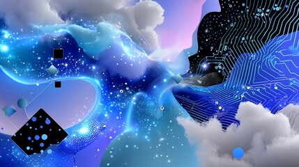 Dreamy blue abstract landscape with digital textures, clouds, and geometric shapes