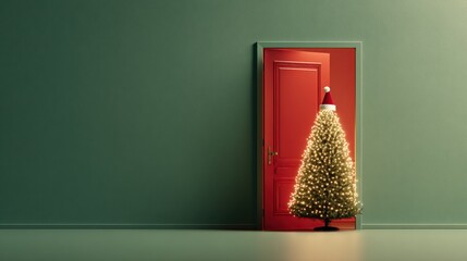 Wall Mural - A decorated Christmas tree stands in front of a vibrant red door, showcasing festive ornaments and lights, set outdoors during daytime.
