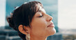 © peopleimages.com - Face of woman, thinking and outdoor rest, fresh air and relaxing moment for mental clarity. Calm, peaceful reflection and person with deep breathing for wellness, mindfulness and positive mindset
