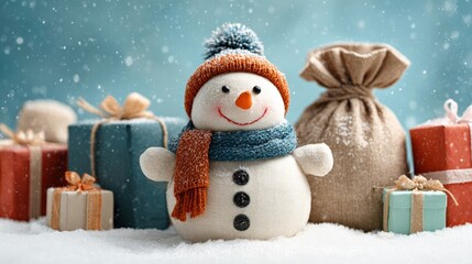Wall Mural - A snowman wearing a red scarf stands outdoors beside colorful wrapped Christmas presents on a snowy winter day.