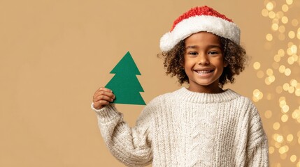 Wall Mural - Young child wearing a red Santa hat holding a green Christmas tree ornament, indoors with soft lighting, capturing festive holiday spirit.