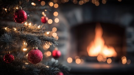 Wall Mural - A raffia Christmas tree decorated with red ornaments stands indoors near a lit fireplace, creating a warm holiday setting with cozy ambiance.