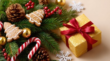 Wall Mural - Decorated Christmas tree with colorful ornaments and a wrapped gift underneath, set against a warm indoor background, perfect for holiday-themed designs.