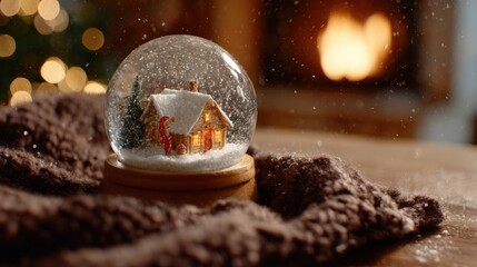 Wall Mural - Close-up of a clear snow globe featuring a miniature house inside, set against a neutral background with soft lighting, ideal for winter or holiday themes.