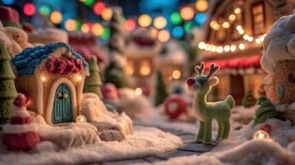 Wall Mural - Miniature Christmas village featuring a decorated house and a reindeer figurine on a wooden surface with soft warm lighting.