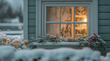 Wall Mural - Snow-covered windowsill with a vibrant flower bush outside a window, showcasing winter contrast and natural beauty in soft daylight.