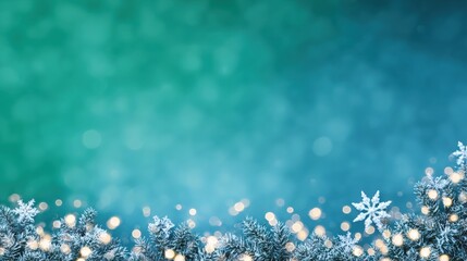 Wall Mural - Festive winter background with snow-covered pine branches, glowing lights, and a snowflake on a teal bokeh backdrop.