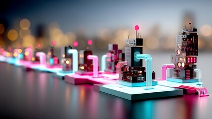 Wall Mural - Futuristic network Cyber city components with glowing pipes & lights