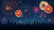 © thanakrit - Colorful Fireworks Display over City Skyline at Night Celebrating Holiday or New Year Eve