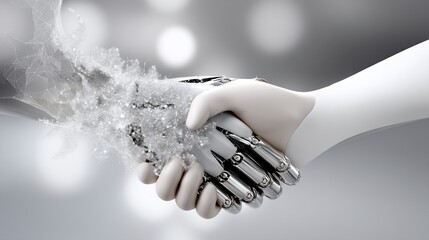 Wall Mural - Human and robot hands shaking, representing AI and technology partnership