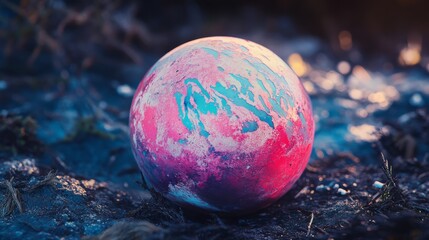 Wall Mural - A colorful sphere rests on the ground. It features vibrant pink and blue hues. The texture is intriguing and eye-catching. A blend of art and nature. Generative AI