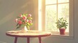 © Suradi - A vase of pink flowers sits on a wooden table near a window, with sunlight streaming through the window, creating a warm and inviting atmosphere.