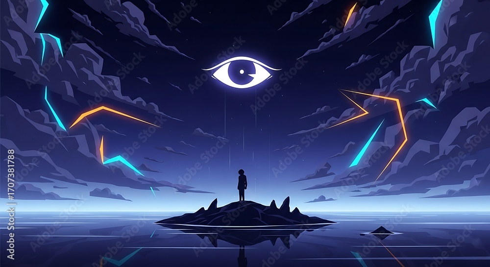 Lone figure gazes at cosmic eye in surreal, glowing night sky above ...