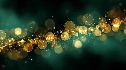 Wall Mural - golden bokeh lights on dark green christmas background with glitter glow festive shimmer fairy light