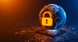 © Arteis - Global cybersecurity protection, illuminated padlock secures digital earth on circuit board.