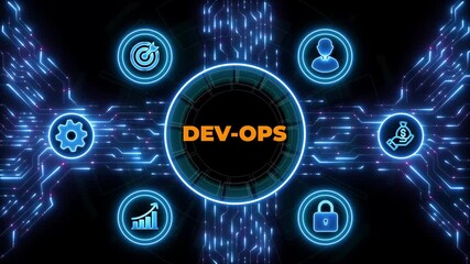 DevOps business and marketing goals.Business, Technology, Internet and network concept.Digital Data moving on Circuit Board background.