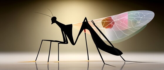 Silhouette of a praying mantis with translucent, colorful wings and mirrored surface