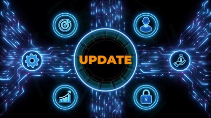 Update software computer program upgrade.Data moving on Circuit Board background.