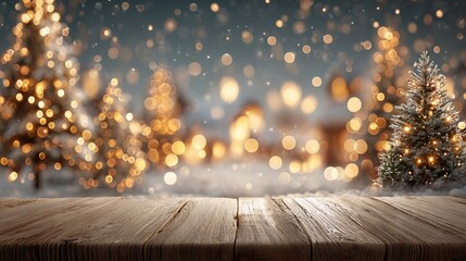Wall Mural - empty wooden table with dreamy christmas bokeh background, soft glowing light orbs, warm festive blu