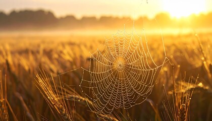 Spiderweb glistening with morning dew on a golden wheat stalk at sunrise, capturing the essence of a serene summer field