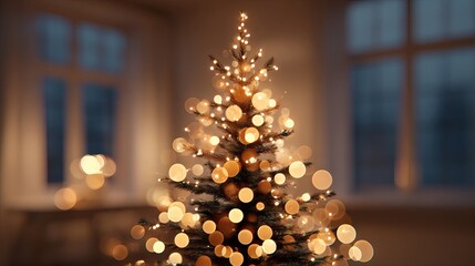 Wall Mural - dreamy christmas background with glowing golden bokeh and defocused fir tree lights soft festive orb