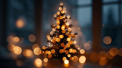 Wall Mural - dreamy christmas background with glowing golden bokeh and defocused fir tree lights soft festive orb