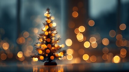 Wall Mural - dreamy christmas background with glowing golden bokeh and defocused fir tree lights soft festive orb