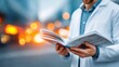 © Oulaphone - A person in a white lab coat reads a medical or scientific book, with a blurred city background and warm bokeh lights.