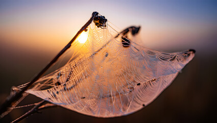 Dew-covered spider web catching the golden light of sunrise dew drops water droplets
