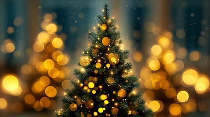 Wall Mural - dreamy christmas tree bokeh background with glowing green yellow and golden light orbs festive defoc