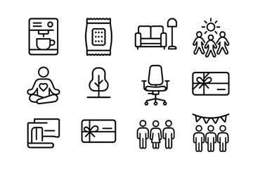Office Perks Icons. Outline icon set of Office perks: coffee machine, snacks, lounge area, team outing,