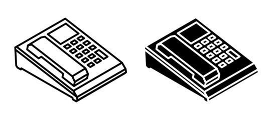 Linear icon, isometric landline wired office phone with buttons. IP communication aerial view. Simple black and white top view vector isolated on white background