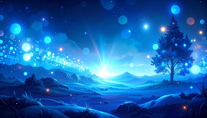 Bright holiday lights create a glowing blue bokeh background, perfect for a winter or Christmas design
