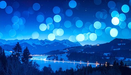 Bright holiday lights create a glowing blue bokeh background, perfect for a winter or Christmas design