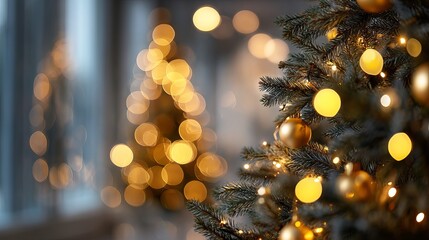 Wall Mural - dreamy christmas tree bokeh background with large soft glowing orbs in green yellow and golden tones