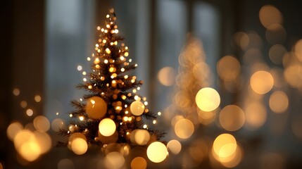 Wall Mural - dreamy christmas tree bokeh background with large soft glowing orbs in green yellow and golden tones