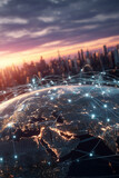 Global Network Connections over Earth. Digital connections and glowing city lights create a sense of worldwide communication and progress.