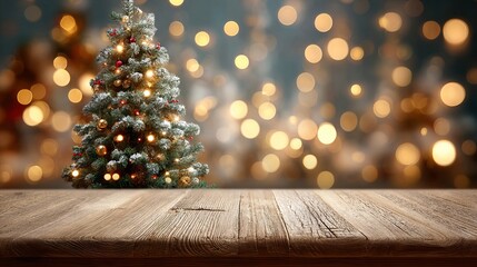 Wall Mural - empty wooden tabletop with dreamy christmas tree bokeh background, soft glowing light orbs, festive 