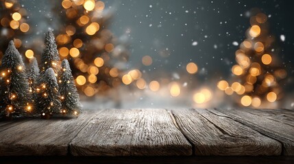 Wall Mural - dreamy christmas holiday background with empty wooden table and soft glowing bokeh light orbs blurre