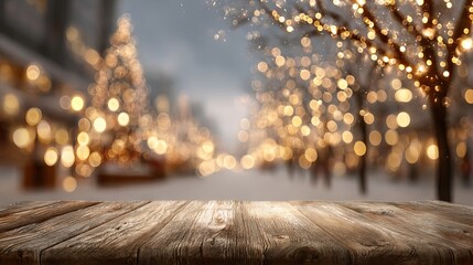 Wall Mural - dreamy christmas holiday background with empty wooden table and soft glowing bokeh light orbs blurre