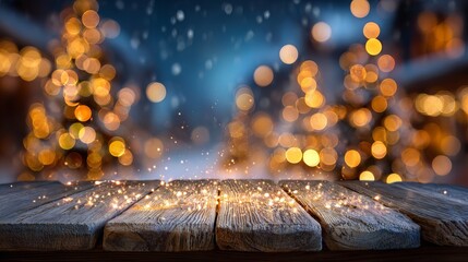 Wall Mural - dreamy christmas holiday background with empty wooden table and soft glowing bokeh light orbs blurre
