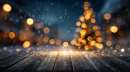 Wall Mural - wooden table with blurred neon bokeh at night in a dark interior close up background with copy space