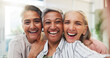 © peopleimages.com - Portrait, friends and mature women with selfie in home, bonding and support in digital memories. Happy, virtual and retirement in lounge with POV, moment capture and closeness for social media.