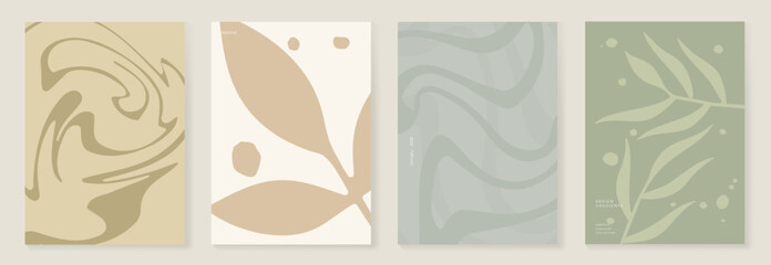 Wall Mural - Abstract botanical poster vector set. Leaves, flower in earth tone colors. Illustration design for Eco packaging, interior, cover, wall art, wallpaper. 